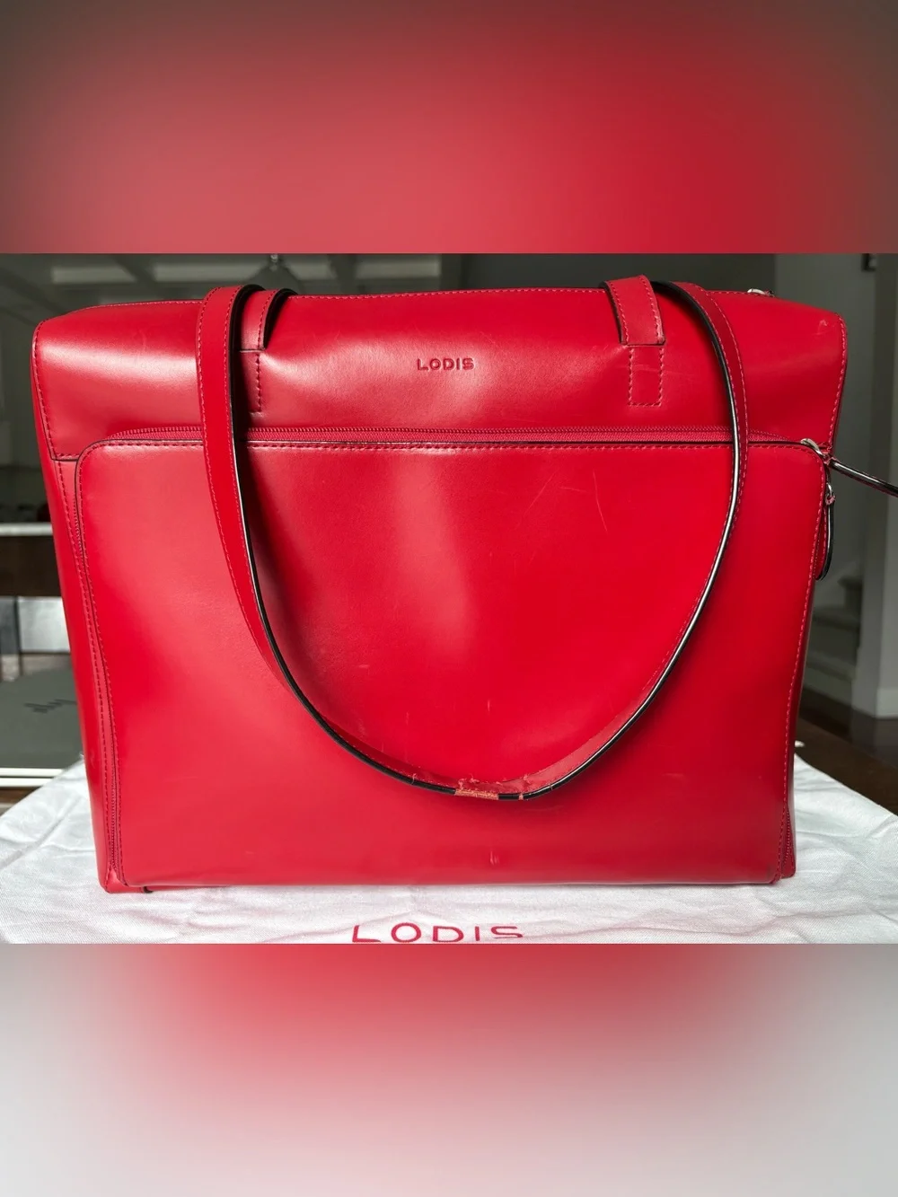 LODIS Red Leather Laptop Tote Bag - Significant Wear on One Strap / Priced Low